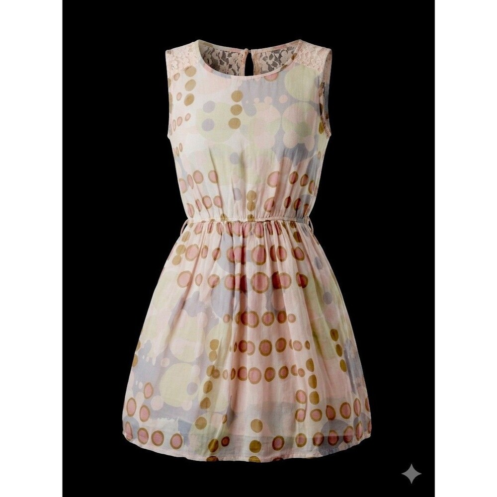 VTG 90 Women Mini Dress 4/S Polka Dot Pink Sage Silk Italy Made Sleeveless Lace